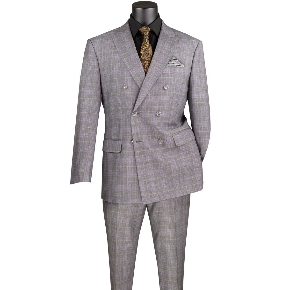 VINCI Men's Gray Glen Plaid Double-Breasted Regular Fit Suit with Adjustable Waist - NEW. Features a sharp peak lapel jacket and flat-front pants with unfinished hems and flexible waistband. A timeless choice for business or formal wear. Available at Fashion House Inc. (FH Menswear)