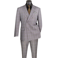 VINCI Men's Gray Glen Plaid Double-Breasted Regular Fit Suit with Adjustable Waist - NEW. Features a sharp peak lapel jacket and flat-front pants with unfinished hems and flexible waistband. A timeless choice for business or formal wear. Available at Fashion House Inc. (FH Menswear)