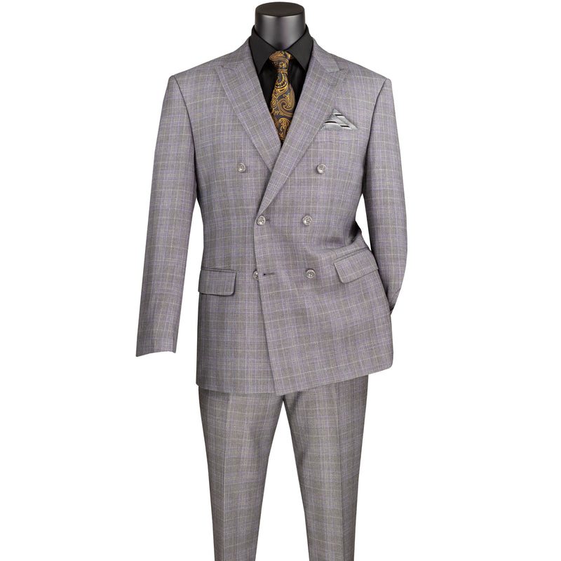 VINCI Men's Gray Glen Plaid Double-Breasted Regular Fit Suit with Adjustable Waist - NEW. Features a sharp peak lapel jacket and flat-front pants with unfinished hems and flexible waistband. A timeless choice for business or formal wear. Available at Fashion House Inc. (FH Menswear)