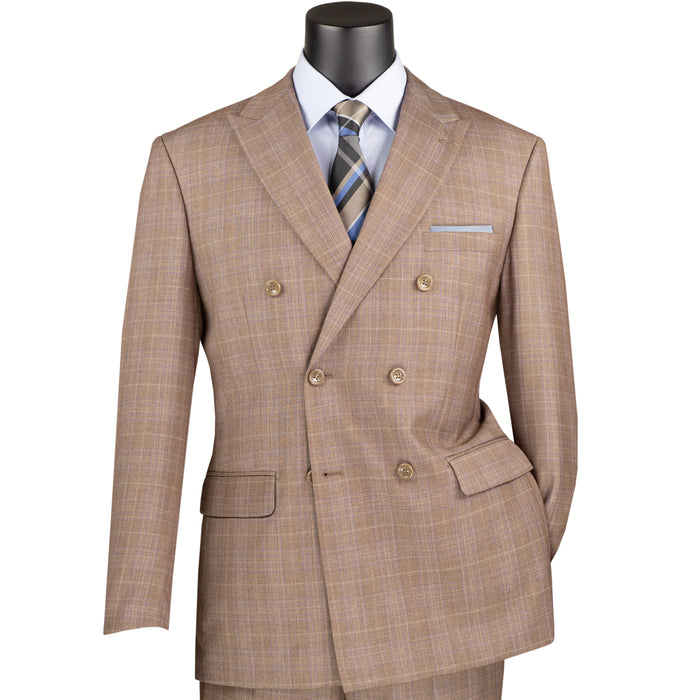 VINCI Men's Tan Glen Plaid Double-Breasted Regular Fit Suit with Adjustable Waist - NEW. Features a sharp peak lapel jacket and flat-front pants with unfinished hems and flexible waistband. A timeless choice for business or formal wear. Available at Fashion House Inc. (FH Menswear)