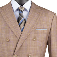 VINCI Men's Tan Glen Plaid Double-Breasted Regular Fit Suit with Adjustable Waist - NEW. Features a sharp peak lapel jacket and flat-front pants with unfinished hems and flexible waistband. A timeless choice for business or formal wear. Available at Fashion House Inc. (FH Menswear)