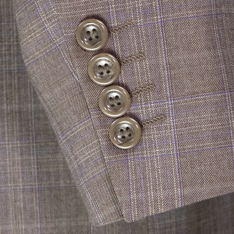 VINCI Men's Tan Glen Plaid Double-Breasted Regular Fit Suit with Adjustable Waist - NEW. Features a sharp peak lapel jacket and flat-front pants with unfinished hems and flexible waistband. A timeless choice for business or formal wear. Available at Fashion House Inc. (FH Menswear)