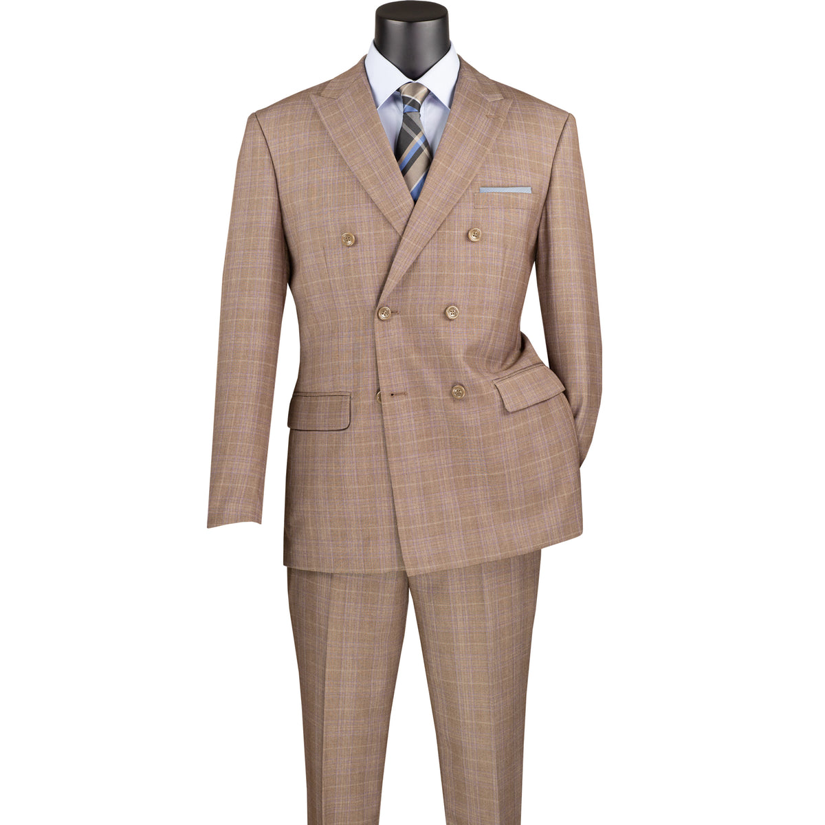 VINCI Men's Tan Glen Plaid Double-Breasted Regular Fit Suit with Adjustable Waist - NEW. Features a sharp peak lapel jacket and flat-front pants with unfinished hems and flexible waistband. A timeless choice for business or formal wear. Available at Fashion House Inc. (FH Menswear)