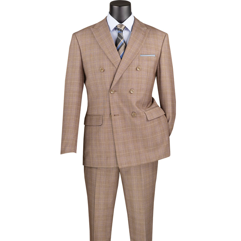 VINCI Men's Tan Glen Plaid Double-Breasted Regular Fit Suit with Adjustable Waist - NEW. Features a sharp peak lapel jacket and flat-front pants with unfinished hems and flexible waistband. A timeless choice for business or formal wear. Available at Fashion House Inc. (FH Menswear)