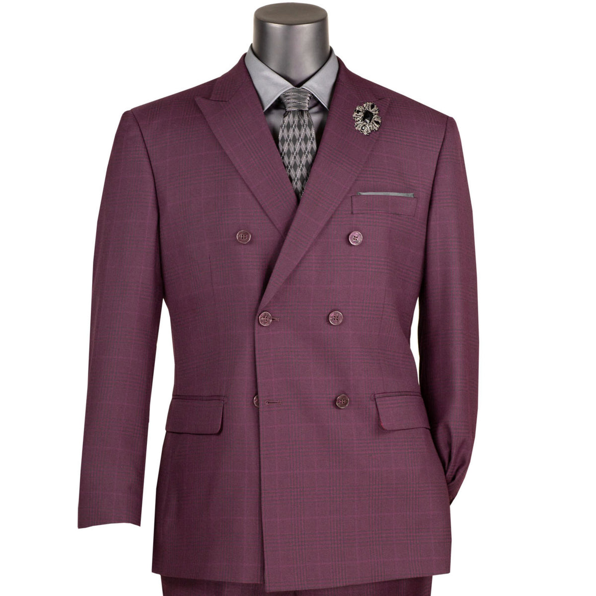 VINCI Men's Burgundy Glen Plaid Double-Breasted 6-Button Classic Suit. Tailored in a classic silhouette with a peak lapel jacket and flat-front pants ready for custom tailoring. Ideal for office wear or sophisticated evening events, combining timeless style with modern elegance. Available at Fashion House Inc. (FH Menswear)