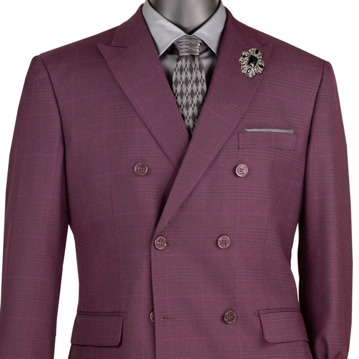 VINCI Men's Burgundy Glen Plaid Double-Breasted 6-Button Classic Suit. Tailored in a classic silhouette with a peak lapel jacket and flat-front pants ready for custom tailoring. Ideal for office wear or sophisticated evening events, combining timeless style with modern elegance. Available at Fashion House Inc. (FH Menswear)