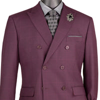 VINCI Men's Burgundy Glen Plaid Double-Breasted 6-Button Classic Suit. Tailored in a classic silhouette with a peak lapel jacket and flat-front pants ready for custom tailoring. Ideal for office wear or sophisticated evening events, combining timeless style with modern elegance. Available at Fashion House Inc. (FH Menswear)