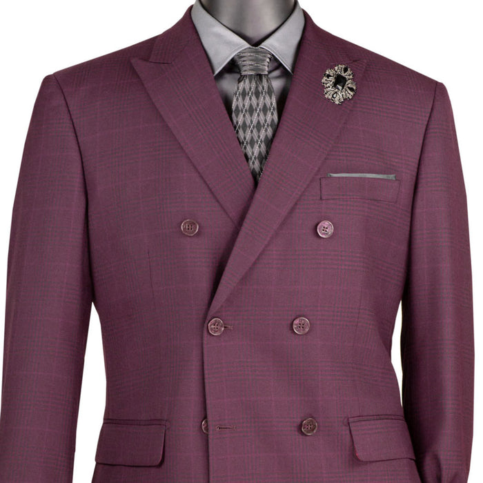 VINCI Men's Burgundy Glen Plaid Double-Breasted 6-Button Classic Suit. Tailored in a classic silhouette with a peak lapel jacket and flat-front pants ready for custom tailoring. Ideal for office wear or sophisticated evening events, combining timeless style with modern elegance. Available at Fashion House Inc. (FH Menswear)