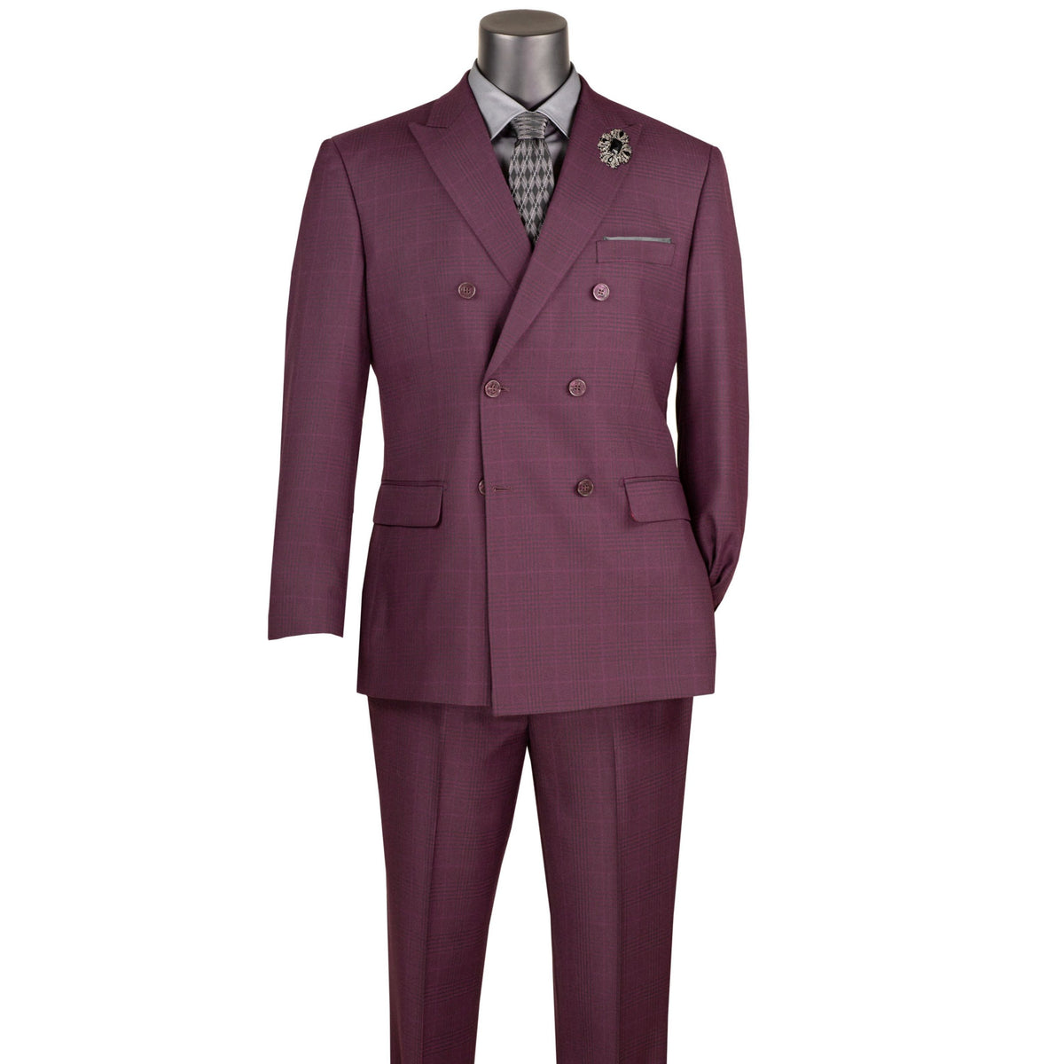 VINCI Men's Burgundy Glen Plaid Double-Breasted 6-Button Classic Suit. Tailored in a classic silhouette with a peak lapel jacket and flat-front pants ready for custom tailoring. Ideal for office wear or sophisticated evening events, combining timeless style with modern elegance. Available at Fashion House Inc. (FH Menswear)