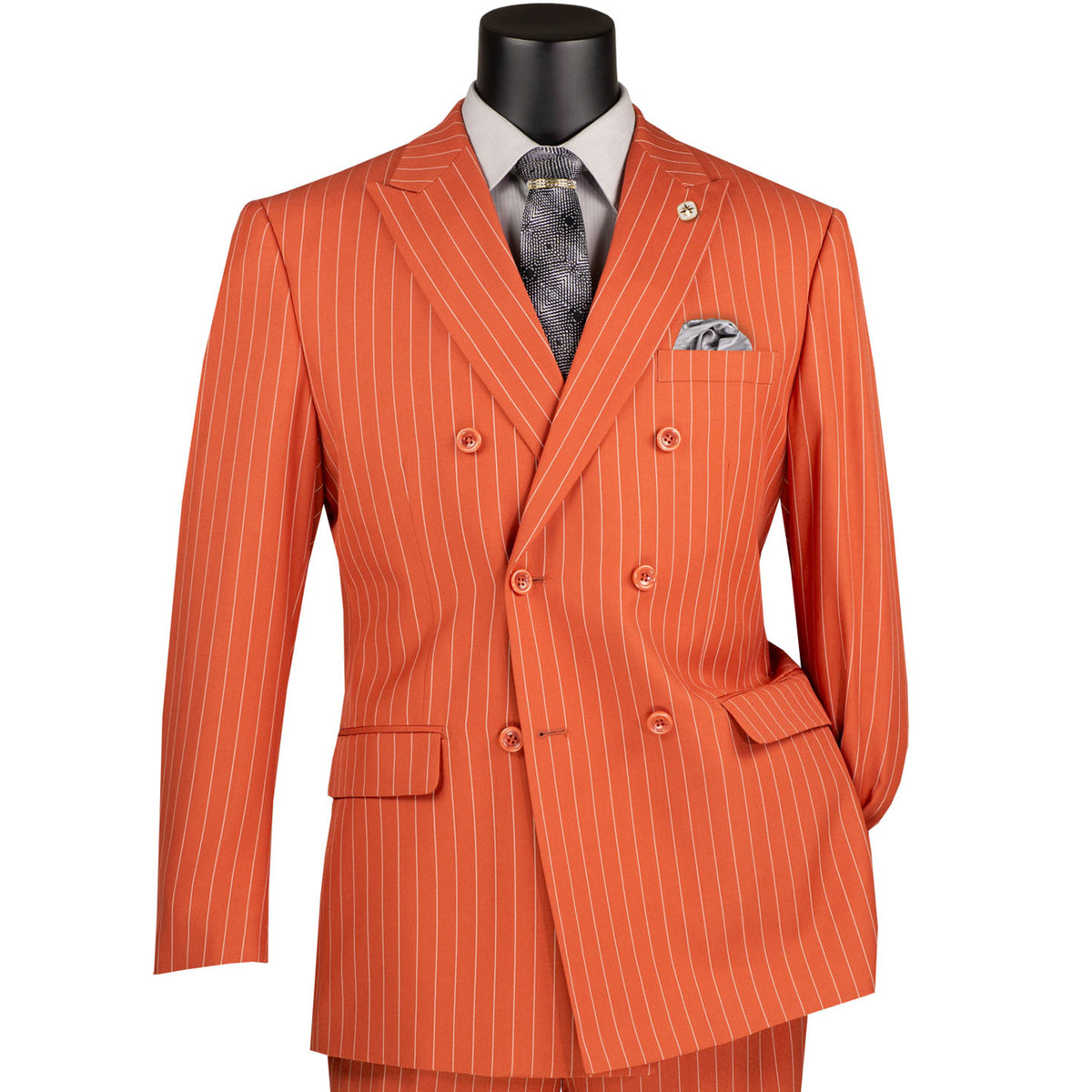 VINCI Men's Canyon Clay Pinstripe Double-Breasted Regular Fit Suit with Adjustable Waist - NEW. Features a peak lapel double-breasted jacket and flat-front pants with flexible waistband and unfinished hems. Classic pinstripe style for work or formal events. Available at Fashion House Inc. (FH Menswear)