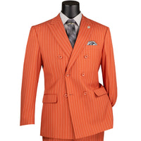 VINCI Men's Canyon Clay Pinstripe Double-Breasted Regular Fit Suit with Adjustable Waist - NEW. Features a peak lapel double-breasted jacket and flat-front pants with flexible waistband and unfinished hems. Classic pinstripe style for work or formal events. Available at Fashion House Inc. (FH Menswear)