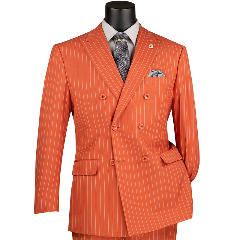 VINCI Men's Canyon Clay Pinstripe Double-Breasted Regular Fit Suit with Adjustable Waist - NEW. Features a peak lapel double-breasted jacket and flat-front pants with flexible waistband and unfinished hems. Classic pinstripe style for work or formal events. Available at Fashion House Inc. (FH Menswear)