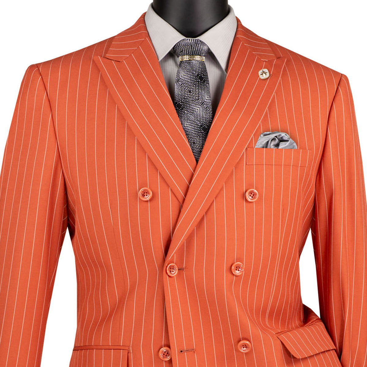 VINCI Men's Canyon Clay Pinstripe Double-Breasted Regular Fit Suit with Adjustable Waist - NEW. Features a peak lapel double-breasted jacket and flat-front pants with flexible waistband and unfinished hems. Classic pinstripe style for work or formal events. Available at Fashion House Inc. (FH Menswear)