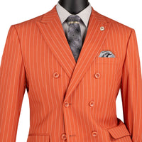 VINCI Men's Canyon Clay Pinstripe Double-Breasted Regular Fit Suit with Adjustable Waist - NEW. Features a peak lapel double-breasted jacket and flat-front pants with flexible waistband and unfinished hems. Classic pinstripe style for work or formal events. Available at Fashion House Inc. (FH Menswear)