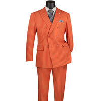 VINCI Men's Canyon Clay Pinstripe Double-Breasted Regular Fit Suit with Adjustable Waist - NEW. Features a peak lapel double-breasted jacket and flat-front pants with flexible waistband and unfinished hems. Classic pinstripe style for work or formal events. Available at Fashion House Inc. (FH Menswear)