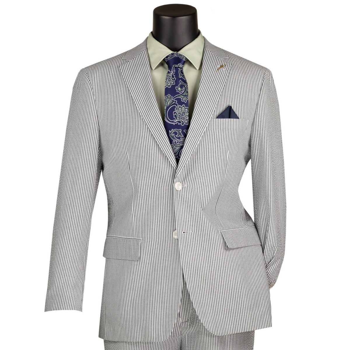 VINCI Men's Green Striped Seersucker 2-Button Modern Fit Cotton Suit - NEW. Contemporary trim fit with a breathable cotton fabric, fully lined jacket with notch lapel, and non-pleated trousers ready for custom tailoring. Ideal for both professional and social settings. Available at Fashion House Inc. (FH Menswear)