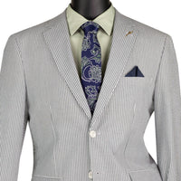 VINCI Men's Green Striped Seersucker 2-Button Modern Fit Cotton Suit - NEW. Contemporary trim fit with a breathable cotton fabric, fully lined jacket with notch lapel, and non-pleated trousers ready for custom tailoring. Ideal for both professional and social settings. Available at Fashion House Inc. (FH Menswear)