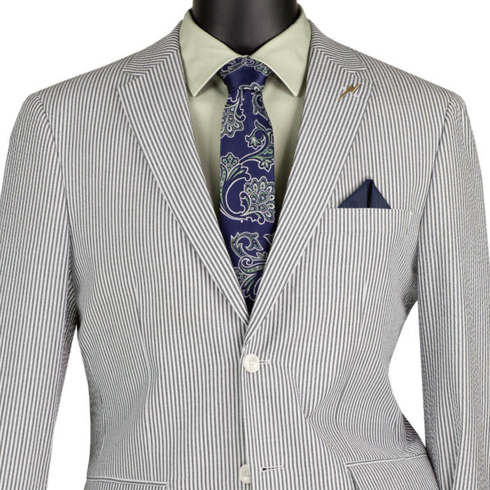 VINCI Men's Green Striped Seersucker 2-Button Modern Fit Cotton Suit - NEW. Contemporary trim fit with a breathable cotton fabric, fully lined jacket with notch lapel, and non-pleated trousers ready for custom tailoring. Ideal for both professional and social settings. Available at Fashion House Inc. (FH Menswear)