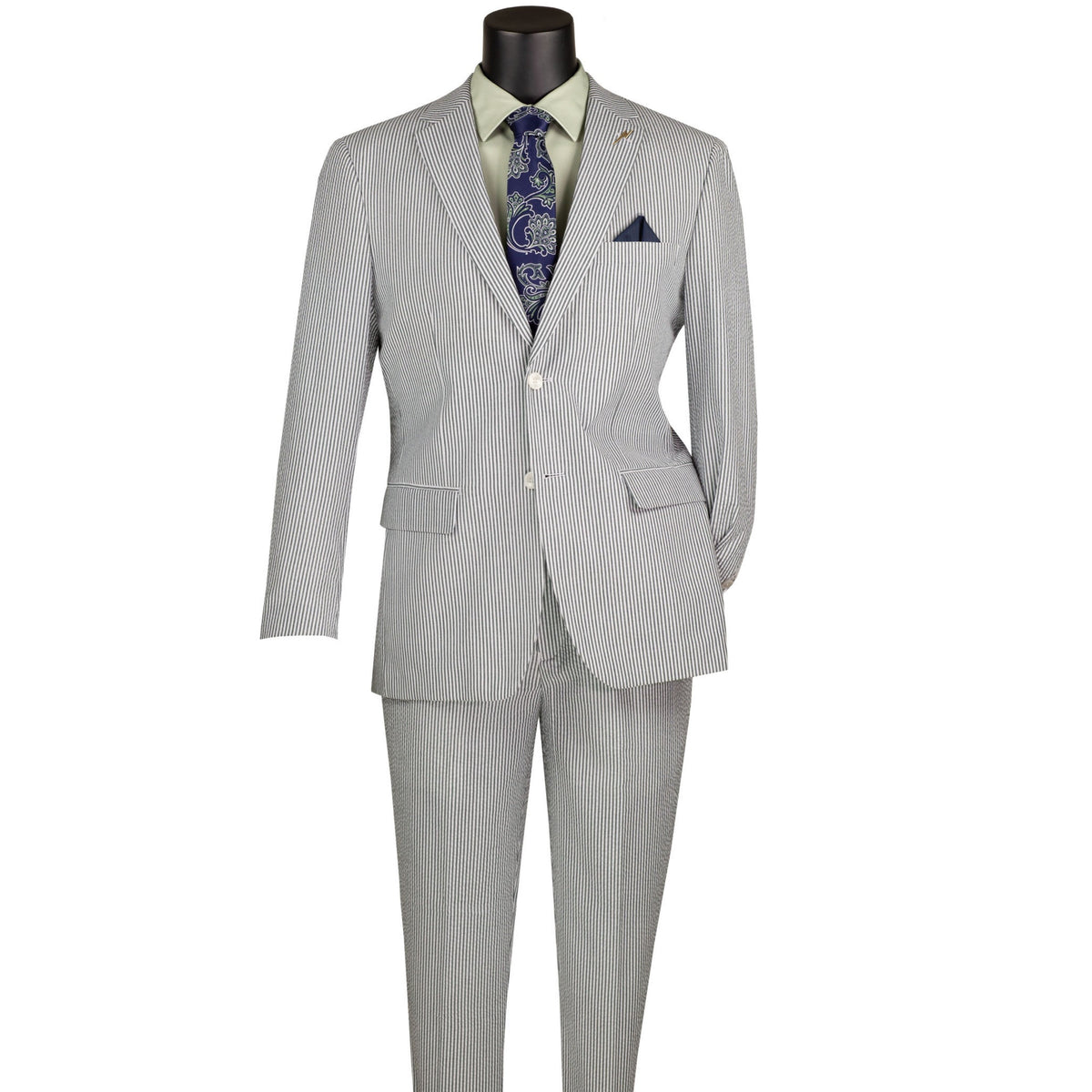 VINCI Men's Green Striped Seersucker 2-Button Modern Fit Cotton Suit - NEW. Contemporary trim fit with a breathable cotton fabric, fully lined jacket with notch lapel, and non-pleated trousers ready for custom tailoring. Ideal for both professional and social settings. Available at Fashion House Inc. (FH Menswear)
