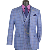 VINCI Men's Blue Windowpane 3 Piece Modern Fit Suit – NEW. Features a bold peak lapel jacket, matching vest, and flat-front pants with elastic waistband and unfinished hems for custom tailoring. A sharp, versatile choice for business or formal occasions. Available at Fashion House Inc. (FH Menswear, Style #F-MV2W4)