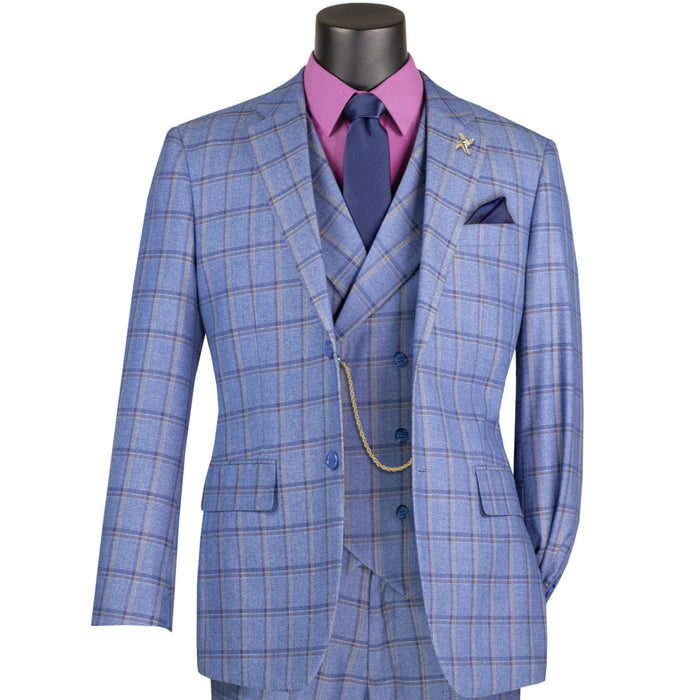 VINCI Men's Blue Windowpane 3 Piece Modern Fit Suit – NEW. Features a bold peak lapel jacket, matching vest, and flat-front pants with elastic waistband and unfinished hems for custom tailoring. A sharp, versatile choice for business or formal occasions. Available at Fashion House Inc. (FH Menswear, Style #F-MV2W4)