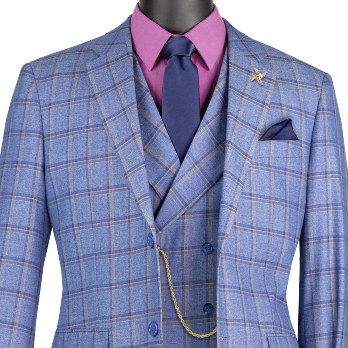 VINCI Men's Blue Windowpane 3 Piece Modern Fit Suit – NEW. Features a bold peak lapel jacket, matching vest, and flat-front pants with elastic waistband and unfinished hems for custom tailoring. A sharp, versatile choice for business or formal occasions. Available at Fashion House Inc. (FH Menswear, Style #F-MV2W4)