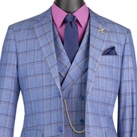 VINCI Men's Blue Windowpane 3 Piece Modern Fit Suit – NEW. Features a bold peak lapel jacket, matching vest, and flat-front pants with elastic waistband and unfinished hems for custom tailoring. A sharp, versatile choice for business or formal occasions. Available at Fashion House Inc. (FH Menswear, Style #F-MV2W4)