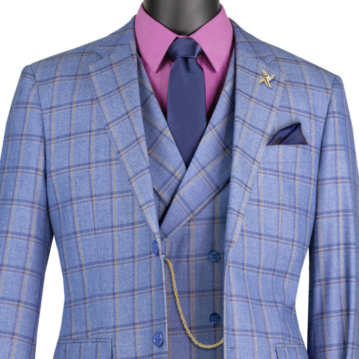 VINCI Men's Blue Windowpane 3 Piece Modern Fit Suit – NEW. Features a bold peak lapel jacket, matching vest, and flat-front pants with elastic waistband and unfinished hems for custom tailoring. A sharp, versatile choice for business or formal occasions. Available at Fashion House Inc. (FH Menswear, Style #F-MV2W4)