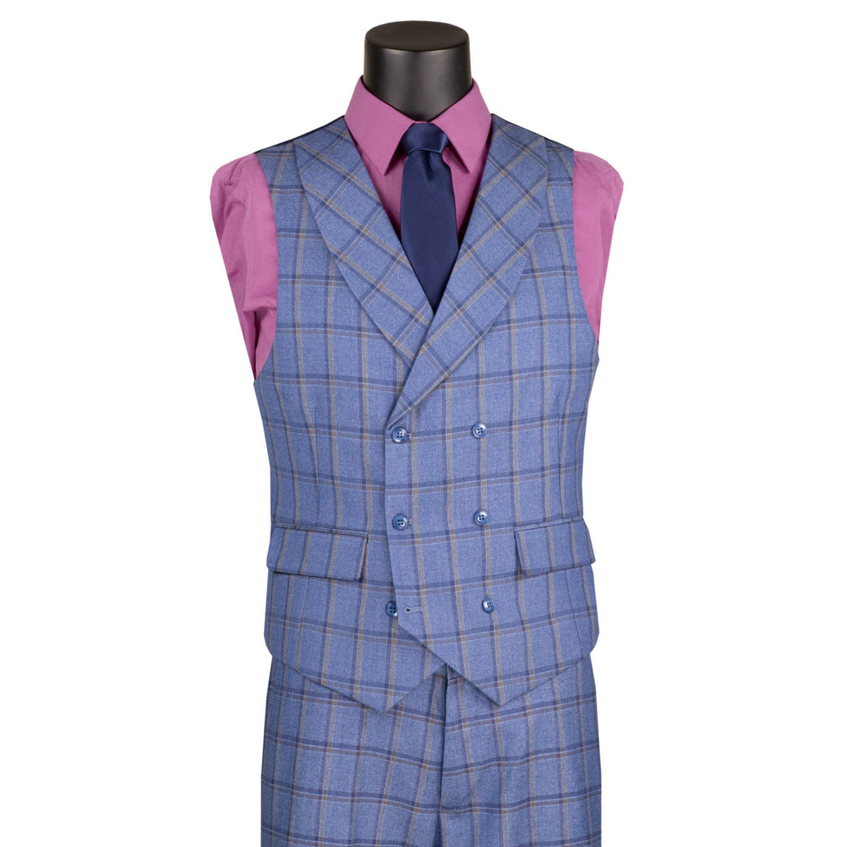 VINCI Men's Blue Windowpane 3 Piece Modern Fit Suit – NEW. Features a bold peak lapel jacket, matching vest, and flat-front pants with elastic waistband and unfinished hems for custom tailoring. A sharp, versatile choice for business or formal occasions. Available at Fashion House Inc. (FH Menswear, Style #F-MV2W4)