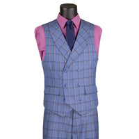 VINCI Men's Blue Windowpane 3 Piece Modern Fit Suit – NEW. Features a bold peak lapel jacket, matching vest, and flat-front pants with elastic waistband and unfinished hems for custom tailoring. A sharp, versatile choice for business or formal occasions. Available at Fashion House Inc. (FH Menswear, Style #F-MV2W4)
