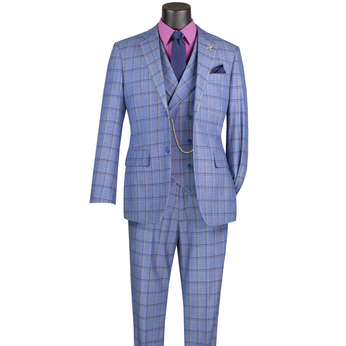 VINCI Men's Blue Windowpane 3 Piece Modern Fit Suit – NEW. Features a bold peak lapel jacket, matching vest, and flat-front pants with elastic waistband and unfinished hems for custom tailoring. A sharp, versatile choice for business or formal occasions. Available at Fashion House Inc. (FH Menswear, Style #F-MV2W4)