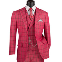 Windowpane 3-Piece Modern Fit Suit in Raspberry Red