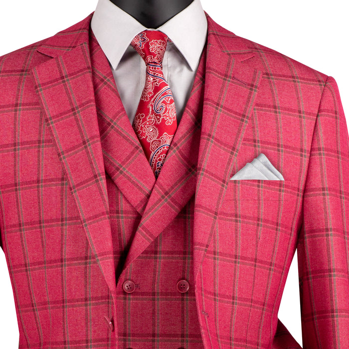 Windowpane 3-Piece Modern Fit Suit in Raspberry Red