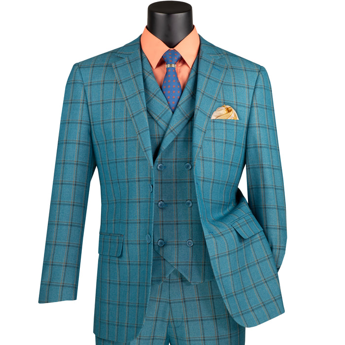Windowpane 3-Piece Modern Fit Suit in Teal Blue