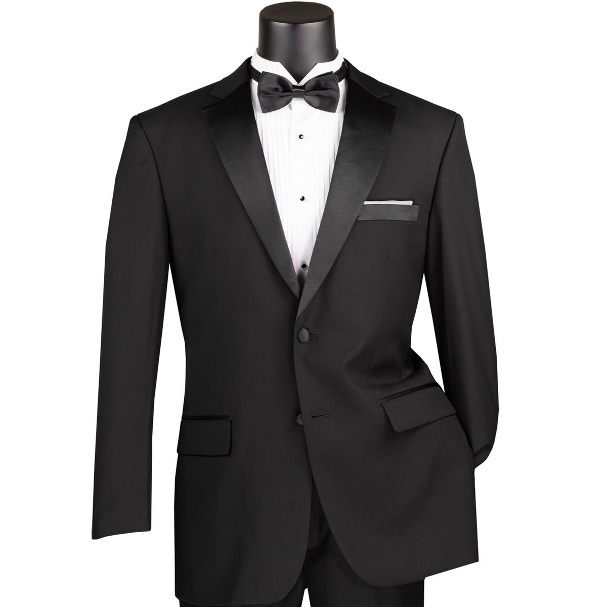 VINCI Men's Black Regular-Fit Tuxedo with Sateen Lapel, Trim & Adjustable Waist - NEW. Full-cut silhouette with a sleek notch lapel jacket and flat-front pants for tailored comfort. Perfect for weddings, galas, and formal events. Available at Fashion House Inc. (FH Menswear)