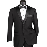 VINCI Men's Black Regular-Fit Tuxedo with Sateen Lapel, Trim & Adjustable Waist - NEW. Full-cut silhouette with a sleek notch lapel jacket and flat-front pants for tailored comfort. Perfect for weddings, galas, and formal events. Available at Fashion House Inc. (FH Menswear)