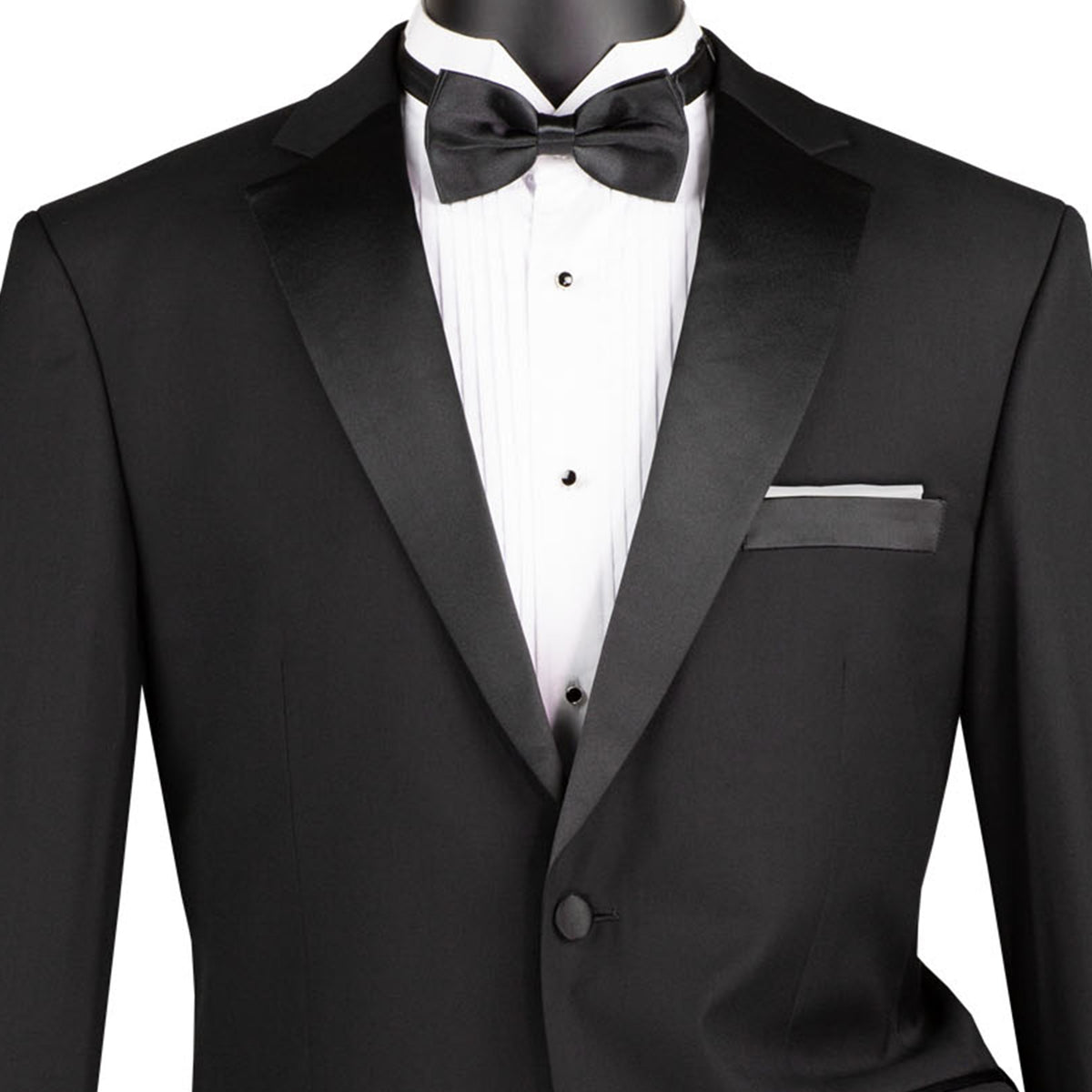 VINCI Men's Black Regular-Fit Tuxedo with Sateen Lapel, Trim & Adjustable Waist - NEW. Full-cut silhouette with a sleek notch lapel jacket and flat-front pants for tailored comfort. Perfect for weddings, galas, and formal events. Available at Fashion House Inc. (FH Menswear)