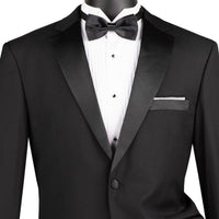 VINCI Men's Black Regular-Fit Tuxedo with Sateen Lapel, Trim & Adjustable Waist - NEW. Full-cut silhouette with a sleek notch lapel jacket and flat-front pants for tailored comfort. Perfect for weddings, galas, and formal events. Available at Fashion House Inc. (FH Menswear)