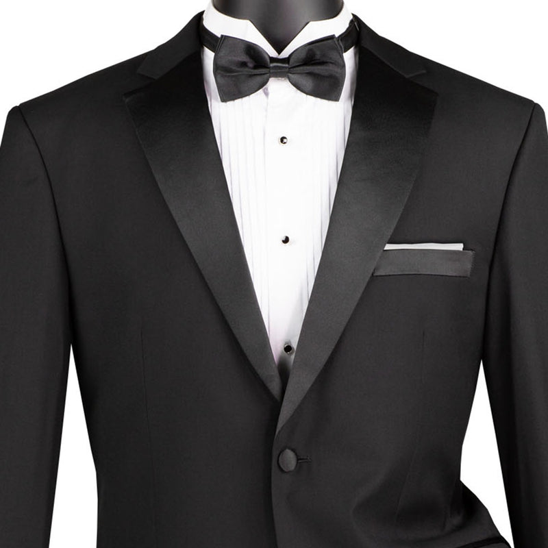 VINCI Men's Black Regular-Fit Tuxedo with Sateen Lapel, Trim & Adjustable Waist - NEW. Full-cut silhouette with a sleek notch lapel jacket and flat-front pants for tailored comfort. Perfect for weddings, galas, and formal events. Available at Fashion House Inc. (FH Menswear)