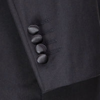 VINCI Men's Black Regular-Fit Tuxedo with Sateen Lapel, Trim & Adjustable Waist - NEW. Full-cut silhouette with a sleek notch lapel jacket and flat-front pants for tailored comfort. Perfect for weddings, galas, and formal events. Available at Fashion House Inc. (FH Menswear)