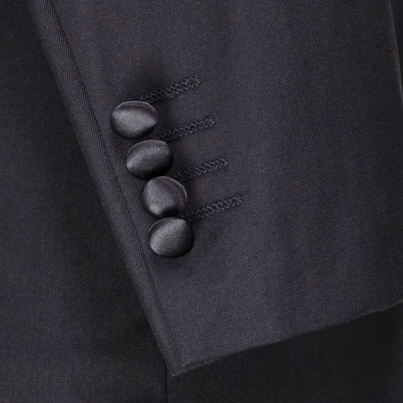 VINCI Men's Black Regular-Fit Tuxedo with Sateen Lapel, Trim & Adjustable Waist - NEW. Full-cut silhouette with a sleek notch lapel jacket and flat-front pants for tailored comfort. Perfect for weddings, galas, and formal events. Available at Fashion House Inc. (FH Menswear)