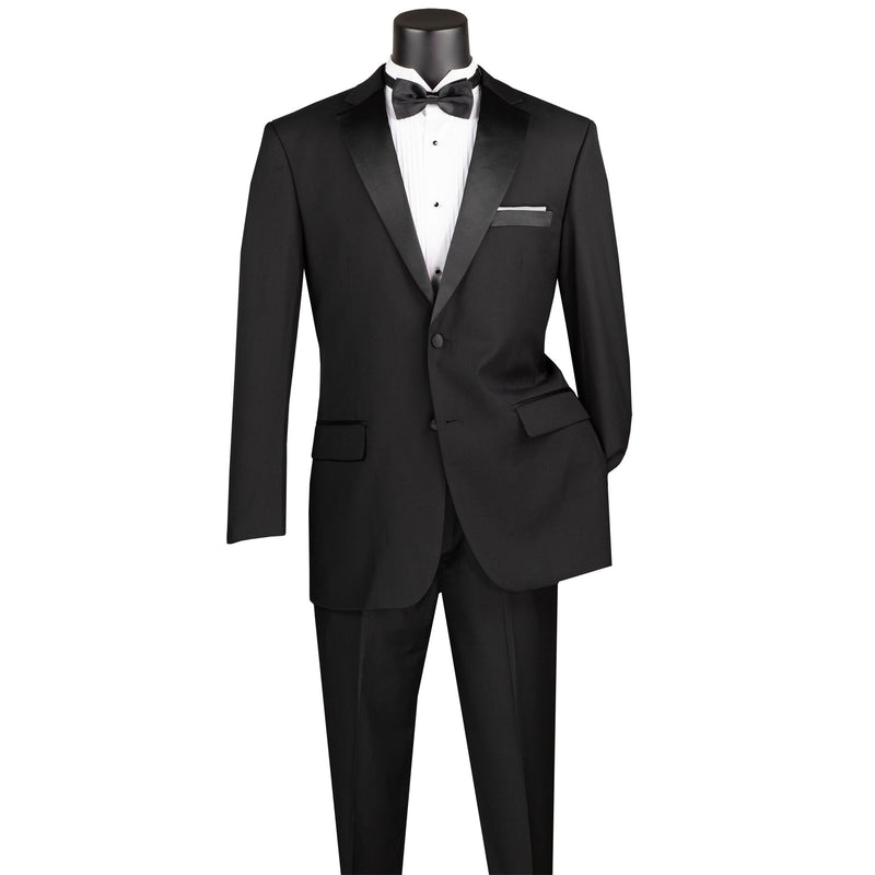 VINCI Men's Black Regular-Fit Tuxedo with Sateen Lapel, Trim & Adjustable Waist - NEW. Full-cut silhouette with a sleek notch lapel jacket and flat-front pants for tailored comfort. Perfect for weddings, galas, and formal events. Available at Fashion House Inc. (FH Menswear)