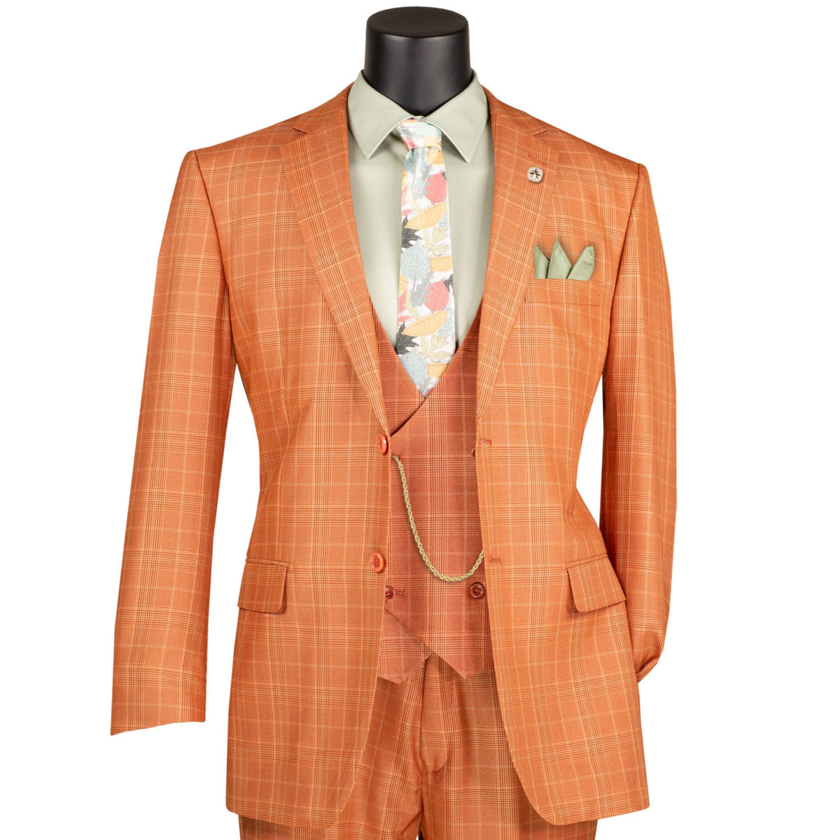 VINCI Men's Rust Orange Sharkskin Glen Plaid 3 Piece Suit, Regular Fit - NEW. Classic sartorial elegance with a fully lined notch lapel jacket and flat-front pants ready for custom tailoring. Ideal for boardroom presentations and elegant events. Available at Fashion House Inc. (FH Menswear)