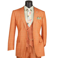 VINCI Men's Rust Orange Sharkskin Glen Plaid 3 Piece Suit, Regular Fit - NEW. Classic sartorial elegance with a fully lined notch lapel jacket and flat-front pants ready for custom tailoring. Ideal for boardroom presentations and elegant events. Available at Fashion House Inc. (FH Menswear)