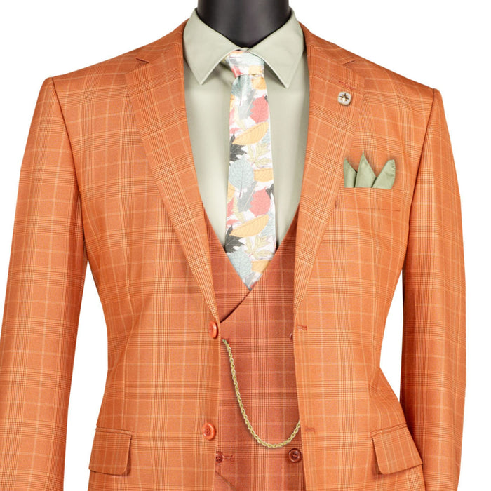 VINCI Men's Rust Orange Sharkskin Glen Plaid 3 Piece Suit, Regular Fit - NEW. Classic sartorial elegance with a fully lined notch lapel jacket and flat-front pants ready for custom tailoring. Ideal for boardroom presentations and elegant events. Available at Fashion House Inc. (FH Menswear)
