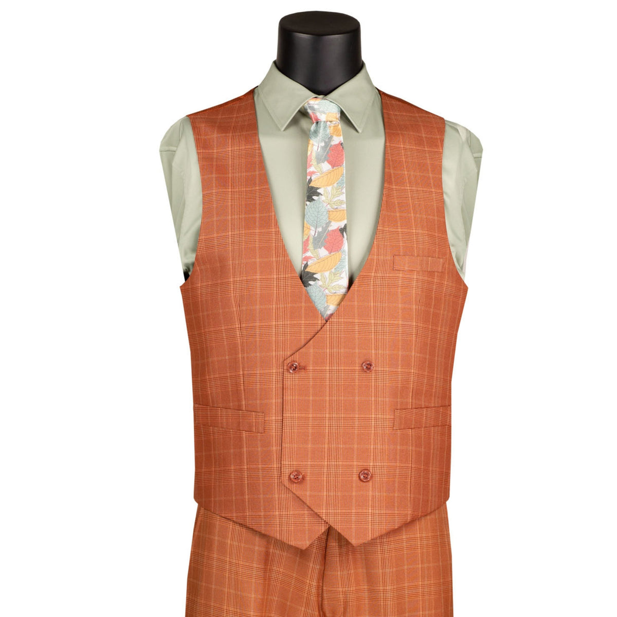 VINCI Men's Rust Orange Sharkskin Glen Plaid 3 Piece Suit, Regular Fit - NEW. Classic sartorial elegance with a fully lined notch lapel jacket and flat-front pants ready for custom tailoring. Ideal for boardroom presentations and elegant events. Available at Fashion House Inc. (FH Menswear)