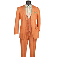 VINCI Men's Rust Orange Sharkskin Glen Plaid 3 Piece Suit, Regular Fit - NEW. Classic sartorial elegance with a fully lined notch lapel jacket and flat-front pants ready for custom tailoring. Ideal for boardroom presentations and elegant events. Available at Fashion House Inc. (FH Menswear)
