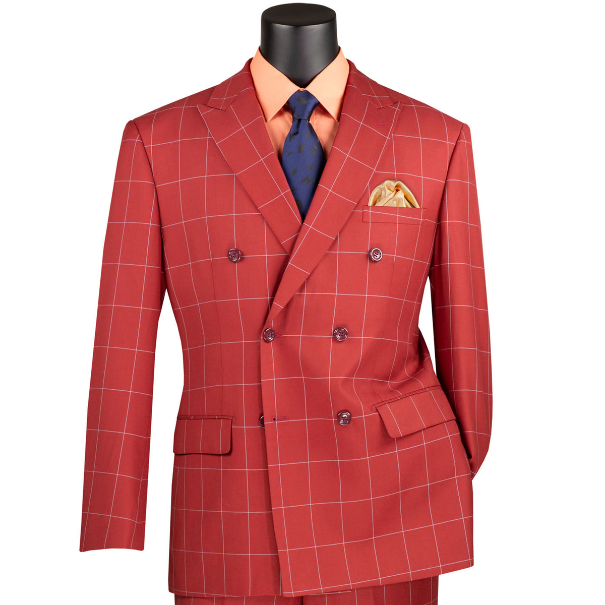 VINCI Men's Baked Apple Windowpane Double Breasted Modern Fit Suit – NEW. Features a sharp peak lapel jacket in a sleek modern silhouette with flat-front pants and unfinished hems for custom tailoring. A versatile choice for office or evening wear. Available at Fashion House Inc. (FH Menswear, Style #MDW-1)