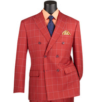 VINCI Men's Baked Apple Windowpane Double Breasted Modern Fit Suit – NEW. Features a sharp peak lapel jacket in a sleek modern silhouette with flat-front pants and unfinished hems for custom tailoring. A versatile choice for office or evening wear. Available at Fashion House Inc. (FH Menswear, Style #MDW-1)
