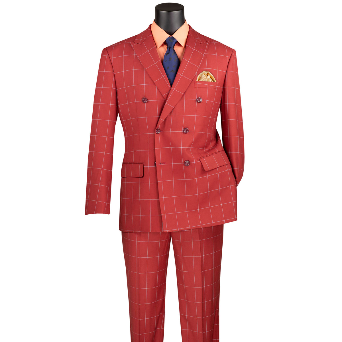 VINCI Men's Baked Apple Windowpane Double Breasted Modern Fit Suit – NEW. Features a sharp peak lapel jacket in a sleek modern silhouette with flat-front pants and unfinished hems for custom tailoring. A versatile choice for office or evening wear. Available at Fashion House Inc. (FH Menswear, Style #MDW-1)